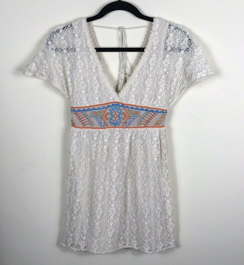 Flying Tomato Women's Small Crocheted Embroidered Aztec Design Boho Tunic Dress